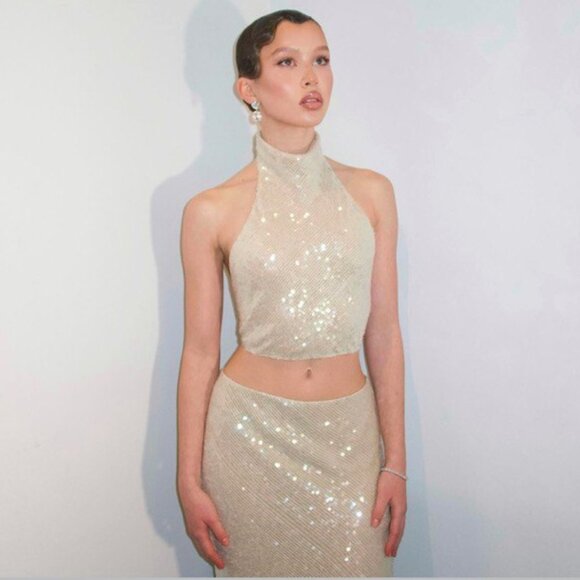 NWT 2PC Knit set Skirt&Top Gold ✨ metallic champagne 🌟 - Picture 3 of 16